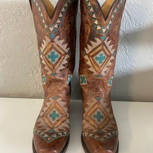 Roper Women's 9 Mai Aztec Cowboy Boots Brown Leather Turquoise Southwest 7124